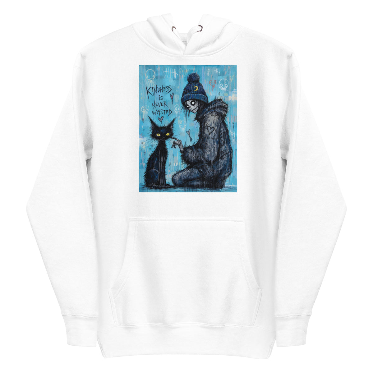 White pullover hoodie with the 'Kindness Is Never Wasted' goth graphic: a girl in a moon beanie petting a black cat on a blue background, with the words "Kindness is never wasted"