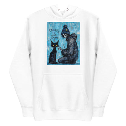 White pullover hoodie with the 'Kindness Is Never Wasted' goth graphic: a girl in a moon beanie petting a black cat on a blue background, with the words "Kindness is never wasted"