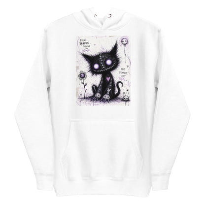 White pullover hoodie with the 'Even Broken Things Can Bloom' goth graphic: a stitched black cat with glowing purple eyes beside a flower, with the words "Even broken things can bloom"