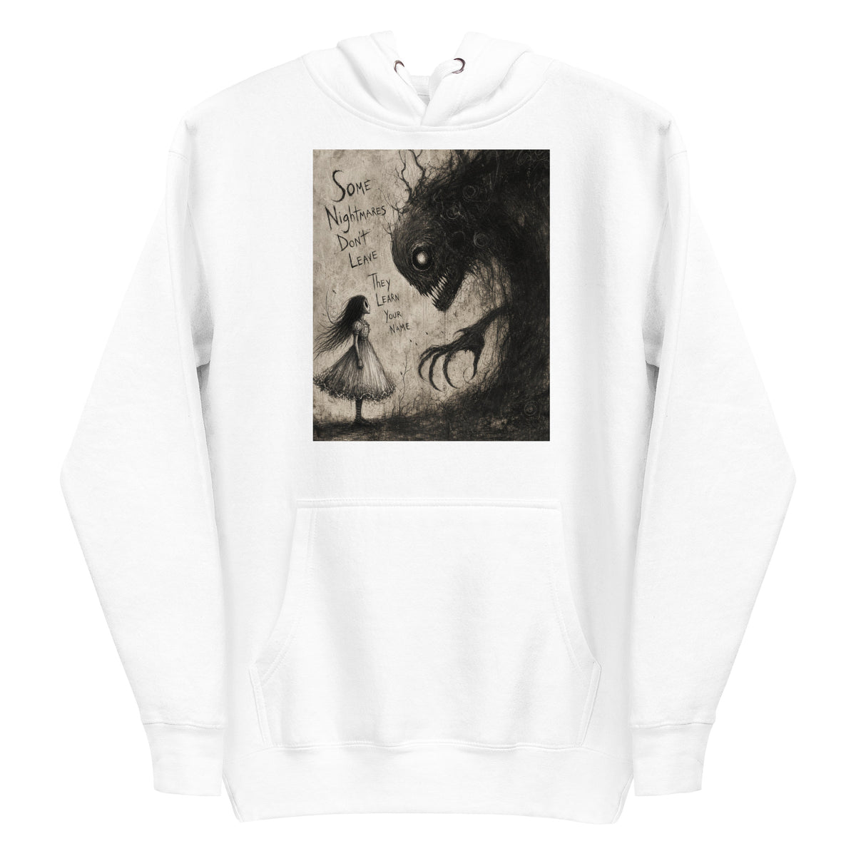 White pullover hoodie with the 'Nightmares' goth graphic: a girl in a white dress facing a shadowy clawed monster, with the words "Some nightmares don't leave, they learn your name"
