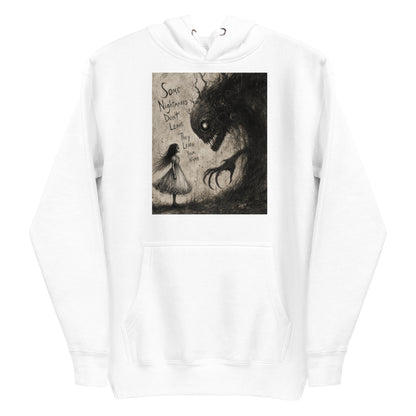 White pullover hoodie with the 'Nightmares' goth graphic: a girl in a white dress facing a shadowy clawed monster, with the words "Some nightmares don't leave, they learn your name"