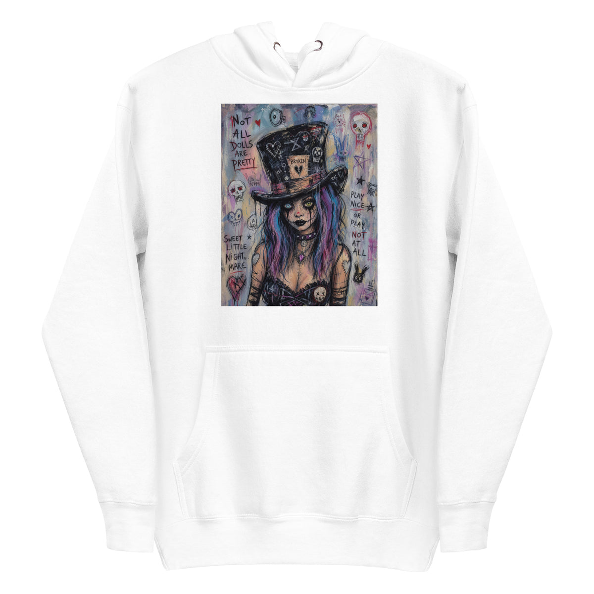 White pullover hoodie with the 'The Real Alice' goth graphic: a goth girl with blue and purple hair in a patched top hat, with the words "Not all dolls are pretty"