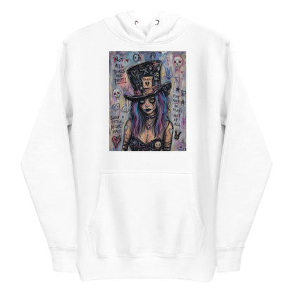 White pullover hoodie with the 'The Real Alice' goth graphic: a goth girl with blue and purple hair in a patched top hat, with the words "Not all dolls are pretty"