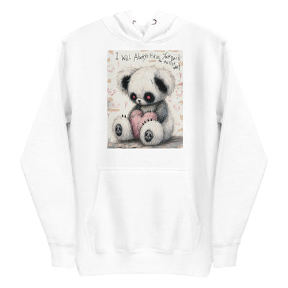 White pullover hoodie with the 'Always Got Your Back' goth graphic: a stitched panda-style teddy bear holding a pink heart, with the words "I will always have your back no matter what"