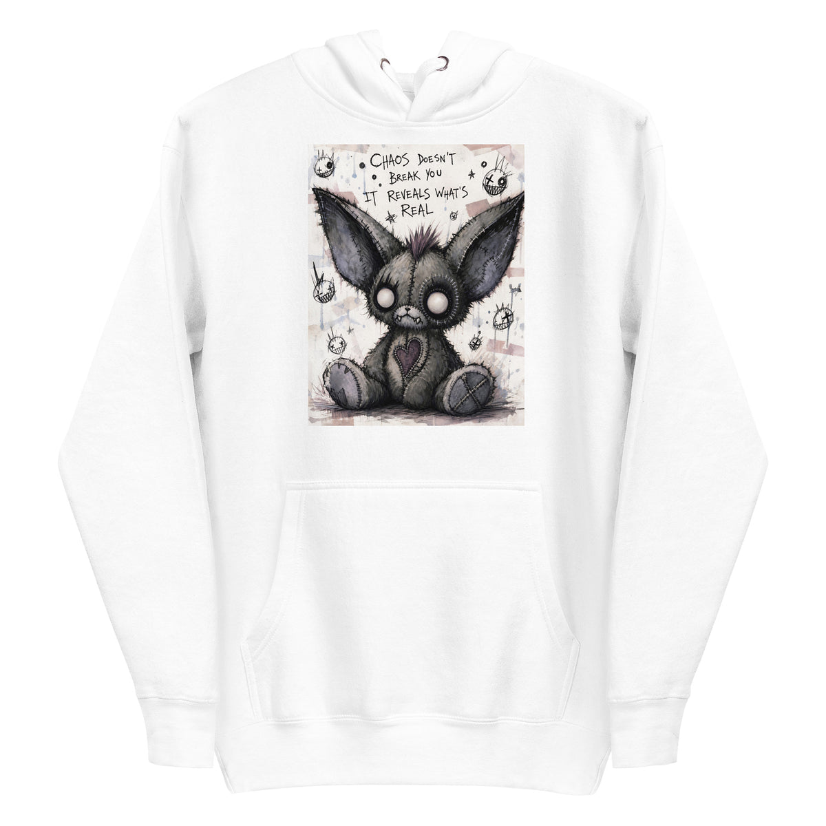 White pullover hoodie with the 'Chaos' goth graphic: a stitched gray big-eared creature with button eyes, with the words "Chaos doesn't break you, it reveals what's real"