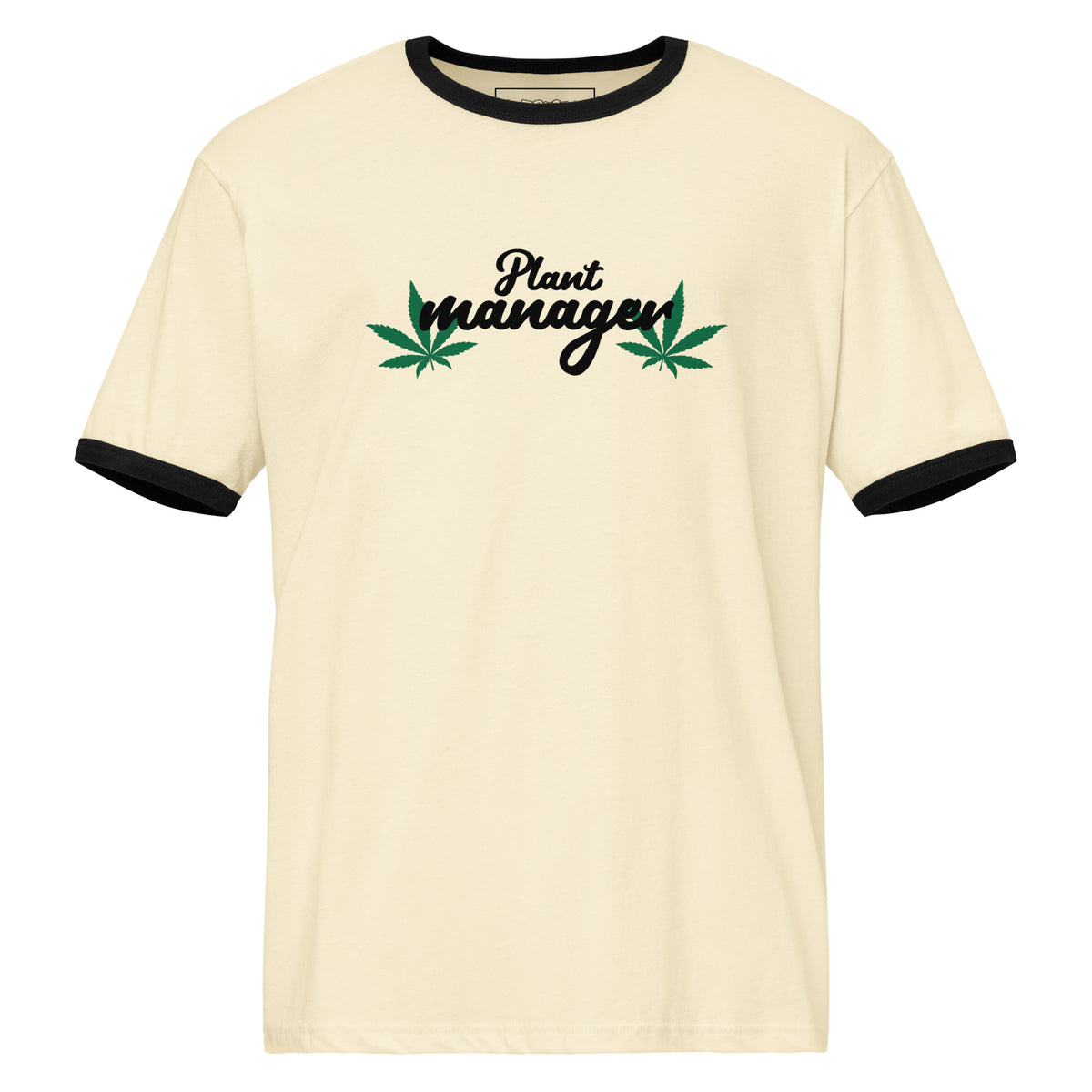 Cream unisex ringer t-shirt with black trim; plant manager graphic with cannabis leaves