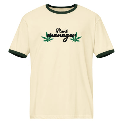 Cream unisex ringer t-shirt with dark green trim; plant manager graphic with cannabis leaves