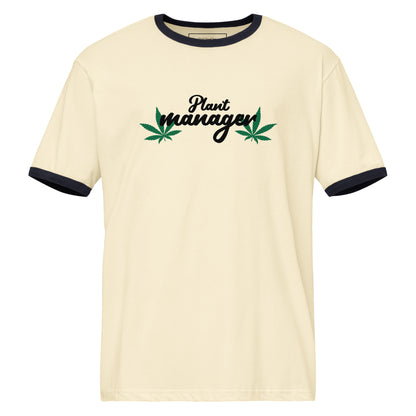Cream unisex ringer t-shirt with black trim; plant manager graphic with cannabis leaves