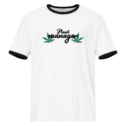 White unisex ringer t-shirt with black trim; plant manager graphic with cannabis leaves