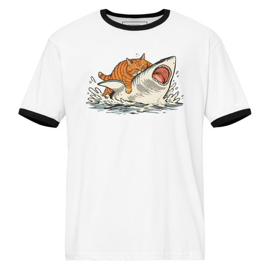 Unisex ringer t-shirt with cat-on-shark graphic, white with black trim