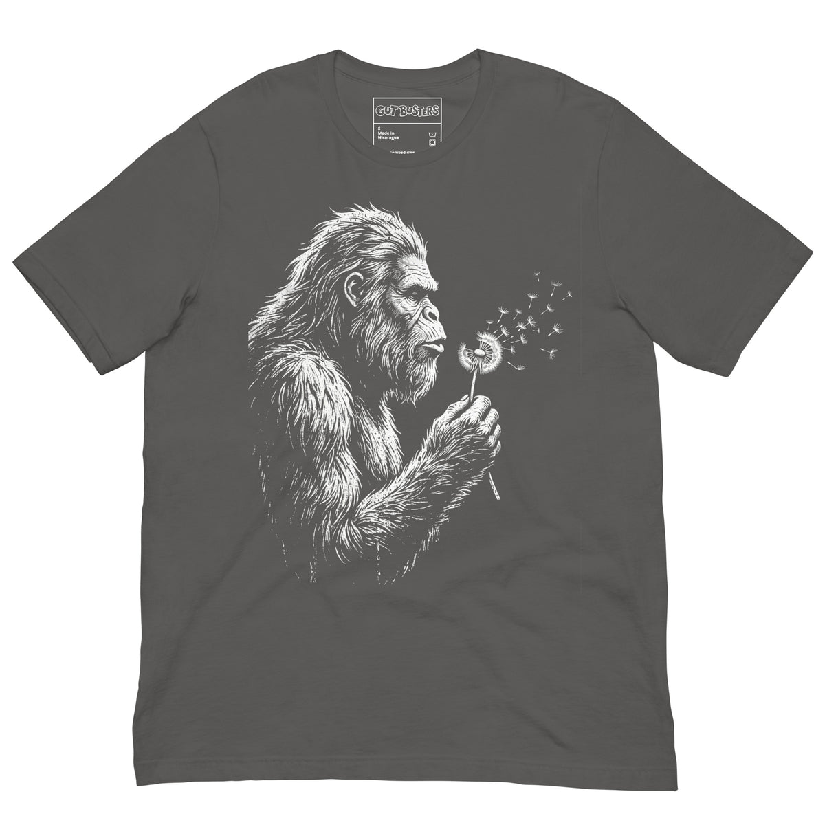 Funny "Bigfoots The Soft Giant" graphic printed on an asphalt unisex tee, front view