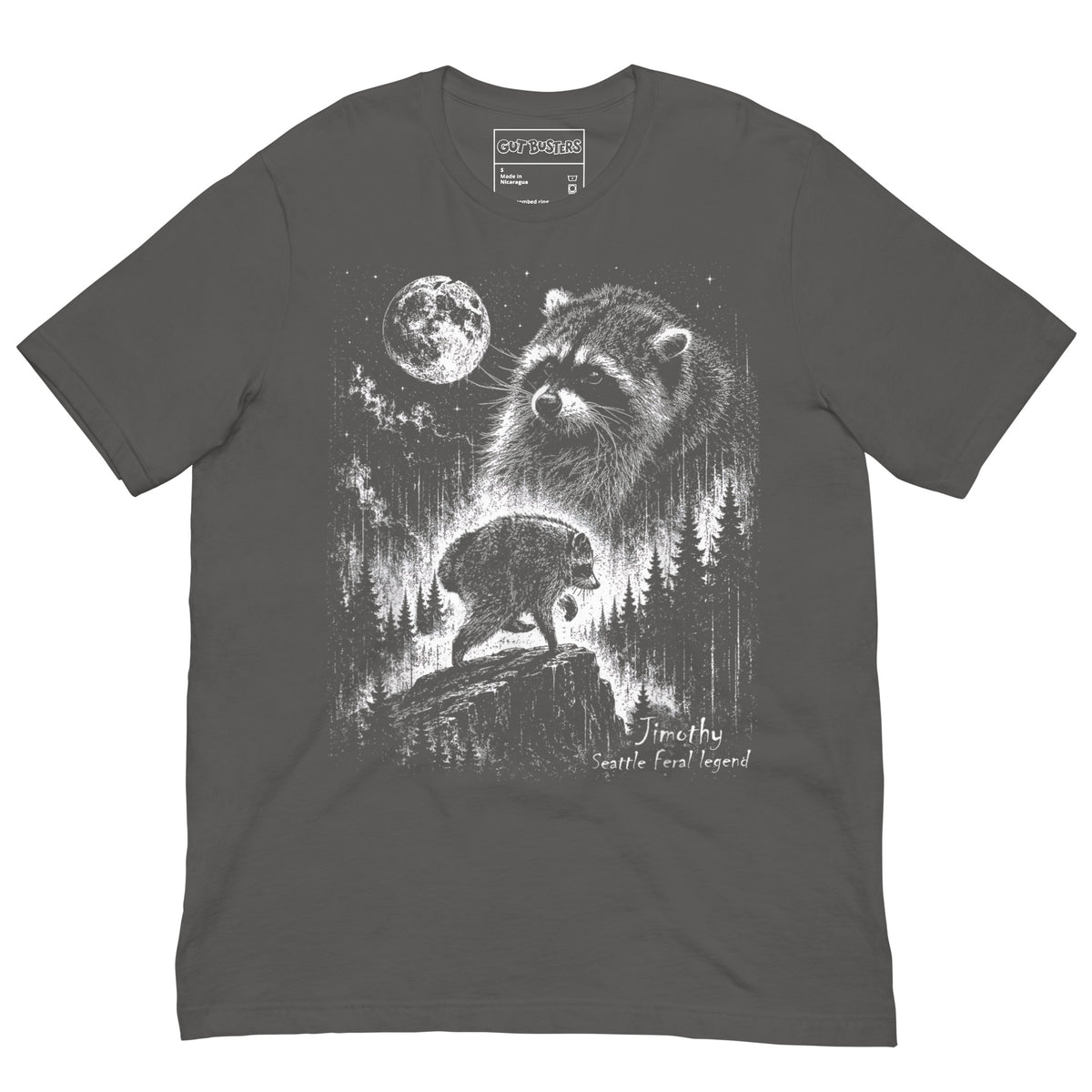 Funny "Jimothy The Raccoon Legend" graphic printed on an asphalt unisex tee, front view
