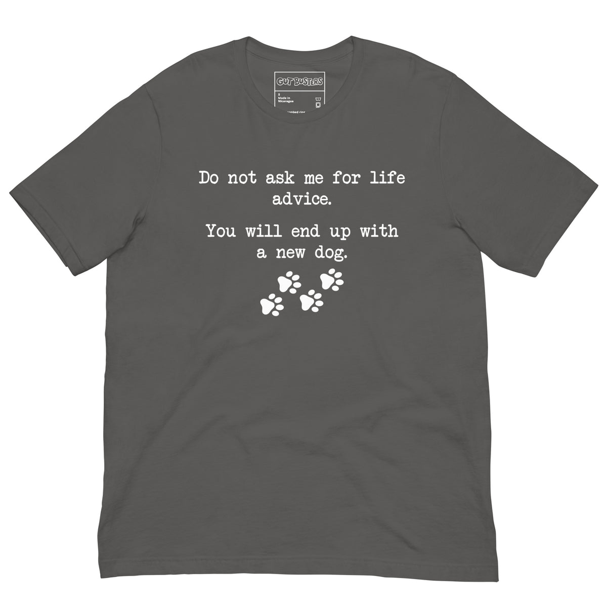 Funny "Don't Ask Me For Advice" graphic printed on an asphalt unisex tee, front view