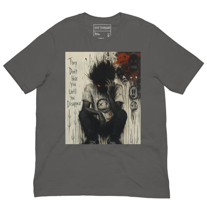 Asphalt unisex t-shirt with the 'To Late' goth graphic: a shadowy, wild-haired figure with glowing red eyes hunched over, with the words "They don't hear you until you disappear"