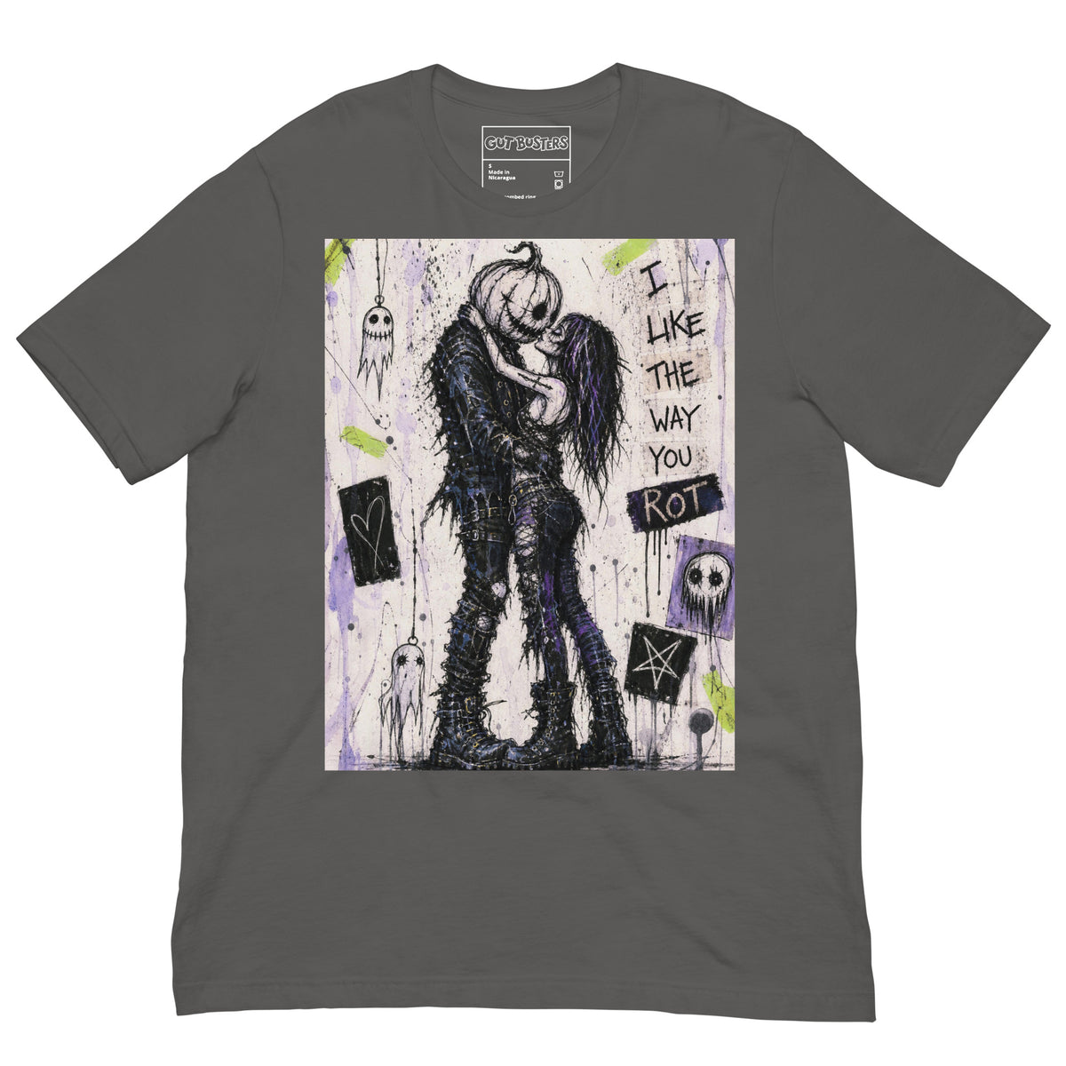 Asphalt unisex t-shirt with the 'I Like The Way You Rot' goth graphic: a pumpkin-headed zombie kissing a purple-haired goth girl, with the words "I like the way you rot"