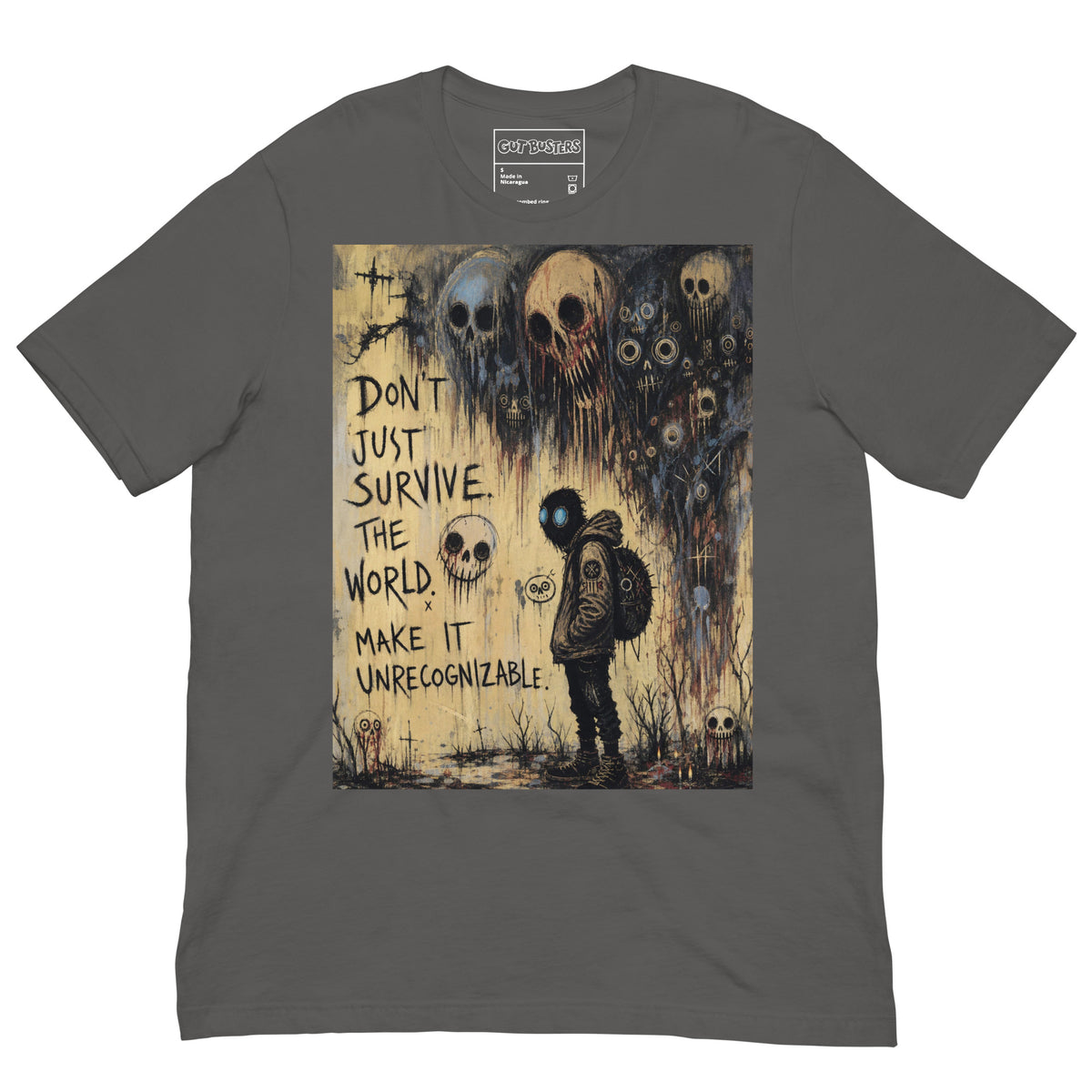 Asphalt unisex t-shirt with the 'World Changer' goth graphic: a hooded figure beneath looming skulls, with the words "Don't just survive the world, make it unrecognizable"