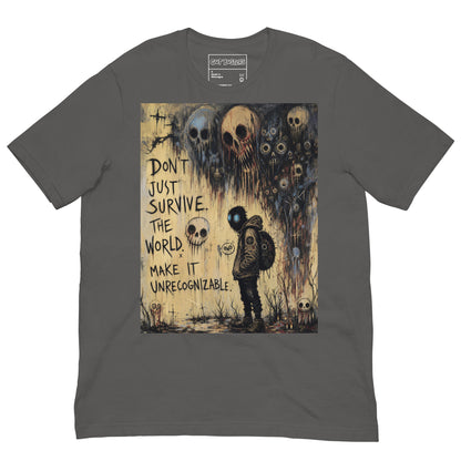 Asphalt unisex t-shirt with the 'World Changer' goth graphic: a hooded figure beneath looming skulls, with the words "Don't just survive the world, make it unrecognizable"