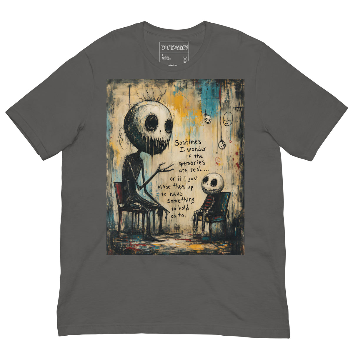 Asphalt unisex t-shirt with the 'Memories' goth graphic: two skull-faced figures sitting in chairs, with the words "Sometimes I wonder if the memories are real"