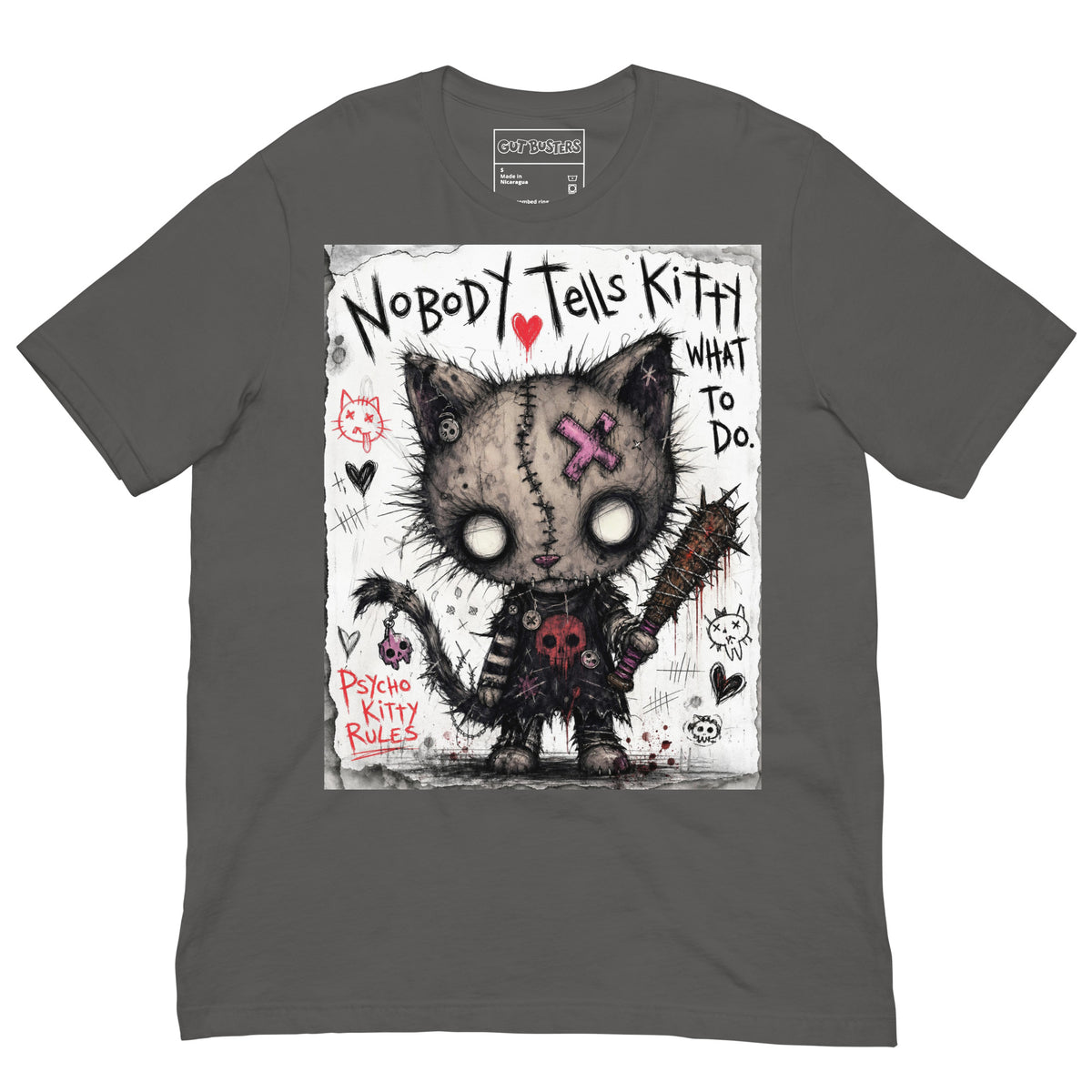 Asphalt unisex t-shirt with the 'Kitty' goth graphic: a stitched zombie cat holding a spiked bat, with the words "Nobody tells Kitty what to do"