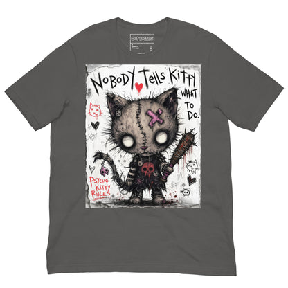 Asphalt unisex t-shirt with the 'Kitty' goth graphic: a stitched zombie cat holding a spiked bat, with the words "Nobody tells Kitty what to do"