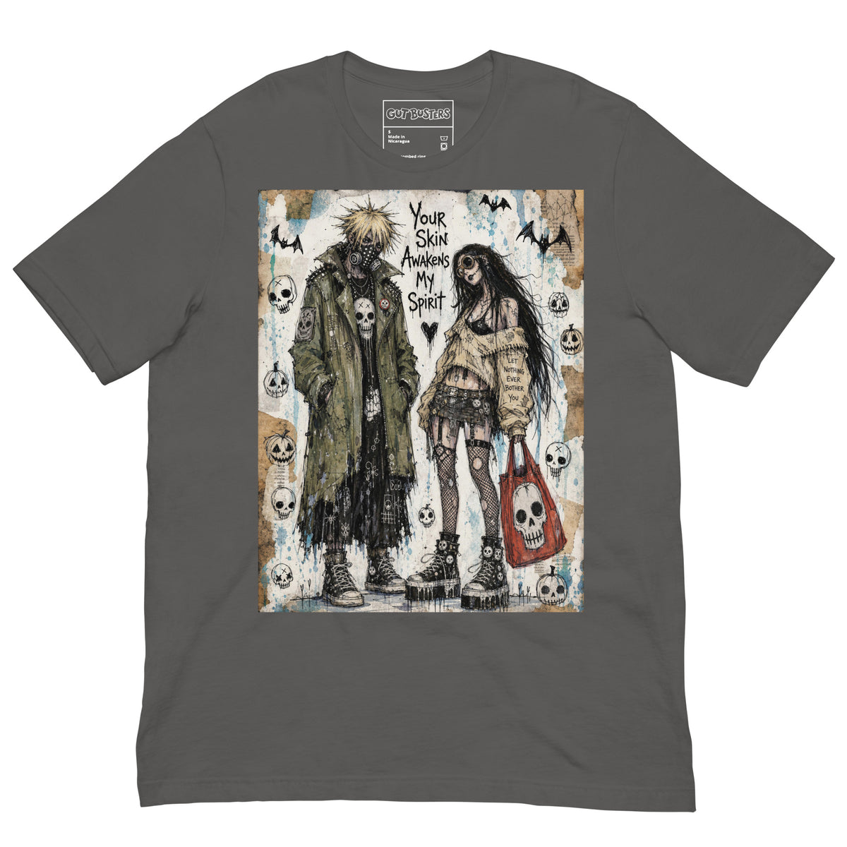 Asphalt unisex t-shirt with the 'Your Skin Awakens My Spirit' goth graphic: a grunge zombie couple standing together, with the words "Your skin awakens my spirit"