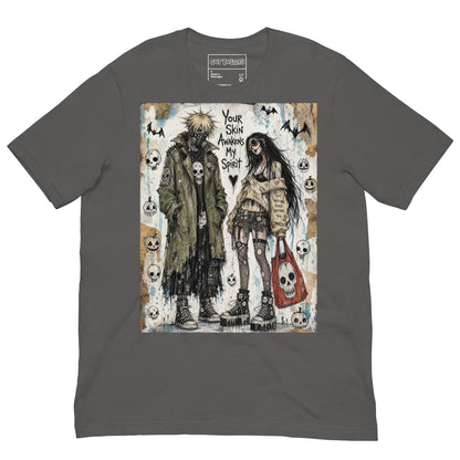 Asphalt unisex t-shirt with the 'Your Skin Awakens My Spirit' goth graphic: a grunge zombie couple standing together, with the words "Your skin awakens my spirit"