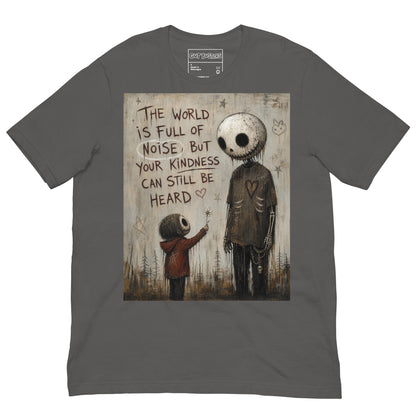 Asphalt unisex t-shirt with the 'Stay Kind' goth graphic: a tall skull-faced figure and a small child holding a flower, with the words "The world is full of noise, but your kindness can still be heard"