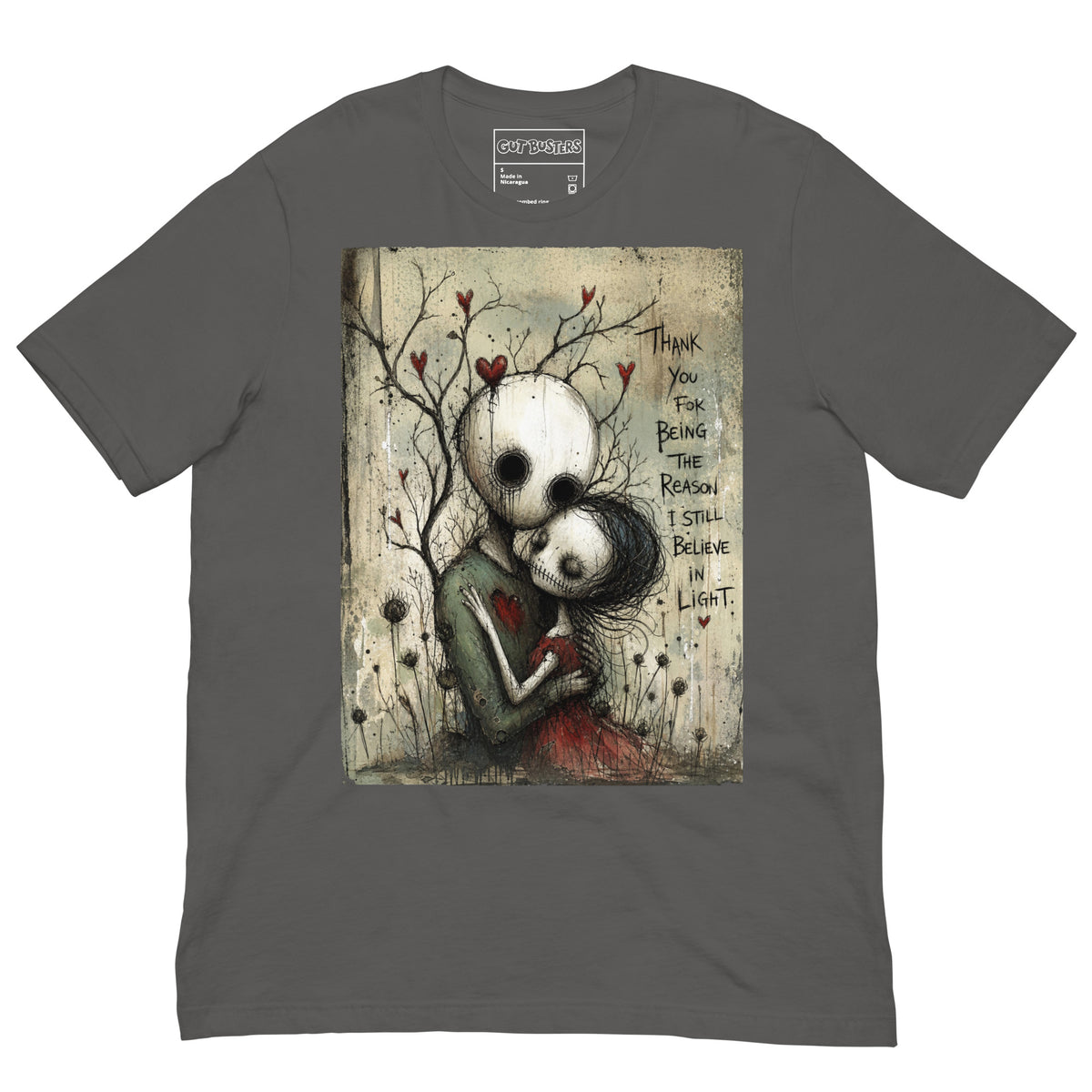 Asphalt unisex t-shirt with the 'My Light In Dark Places' goth graphic: a skull-faced couple embracing under a bare tree with red hearts, with the words "Thank you for being the reason I still believe in light"
