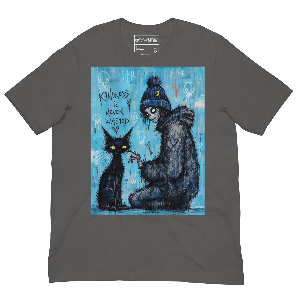 Asphalt unisex t-shirt with the 'Kindness Is Never Wasted' goth graphic: a girl in a moon beanie petting a black cat on a blue background, with the words "Kindness is never wasted"