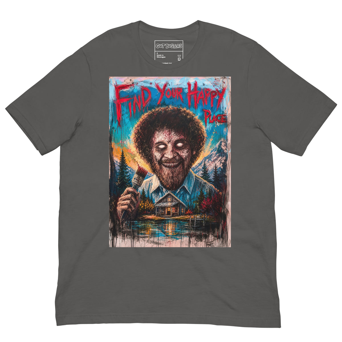 Asphalt unisex t-shirt with the 'Find Your Happy Place' goth graphic: a zombie painter with a curly afro holding a paintbrush in front of a lakeside cabin, with the words "Find your happy place"