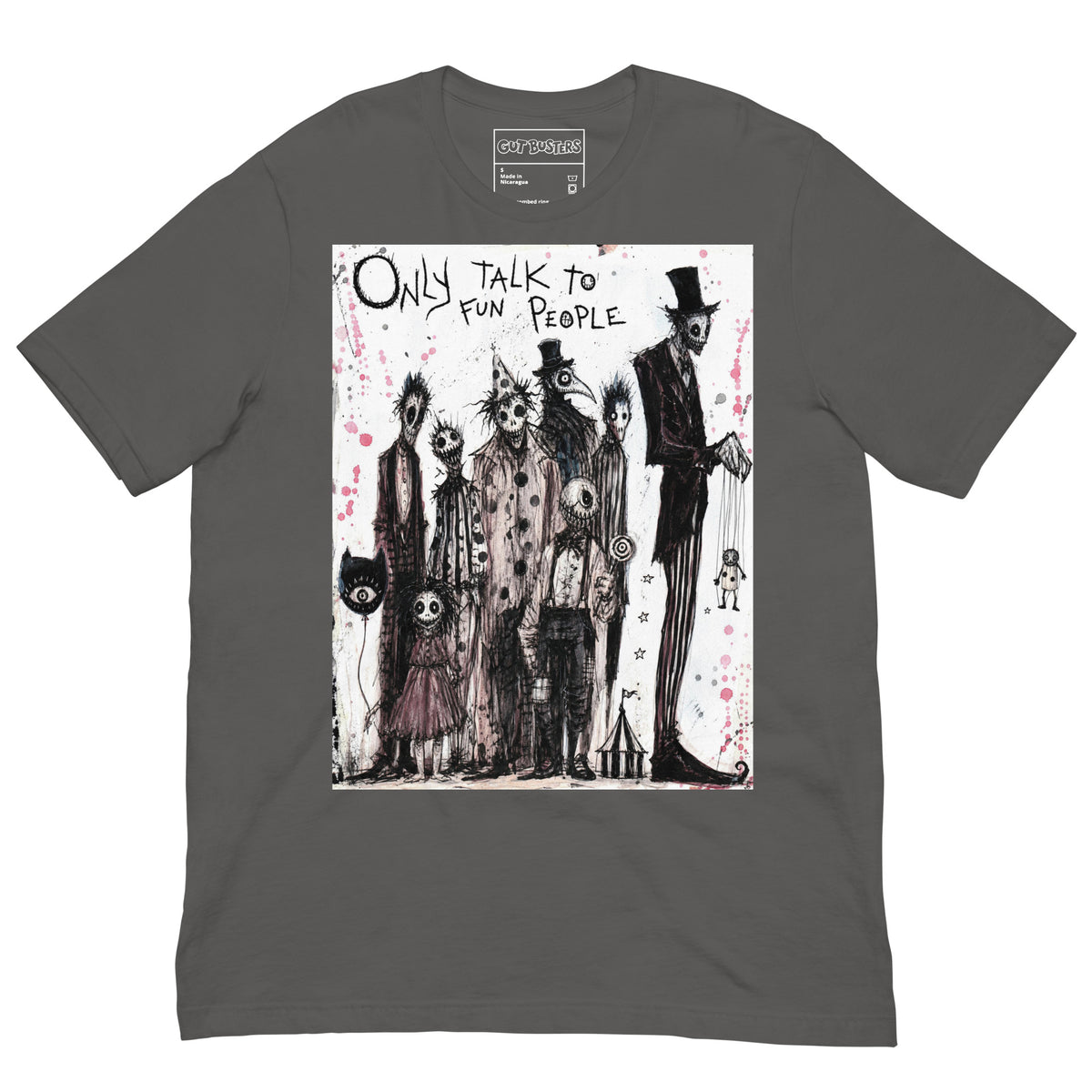 Asphalt unisex t-shirt with the 'Only Talk To Fun People' goth graphic: a lineup of creepy circus-style characters, with the words "Only talk to fun people"