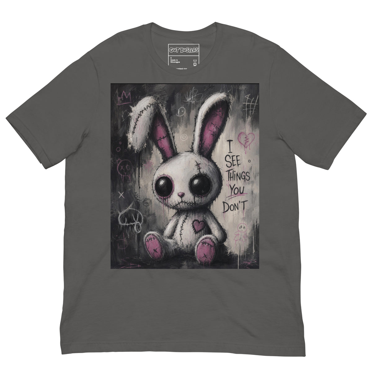 Asphalt unisex t-shirt with the 'I See Things You Don't' goth graphic: a stitched white bunny with hollow eyes, with the words "I see things you don't"