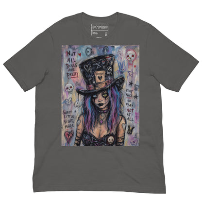 Asphalt unisex t-shirt with the 'The Real Alice' goth graphic: a goth girl with blue and purple hair in a patched top hat, with the words "Not all dolls are pretty"