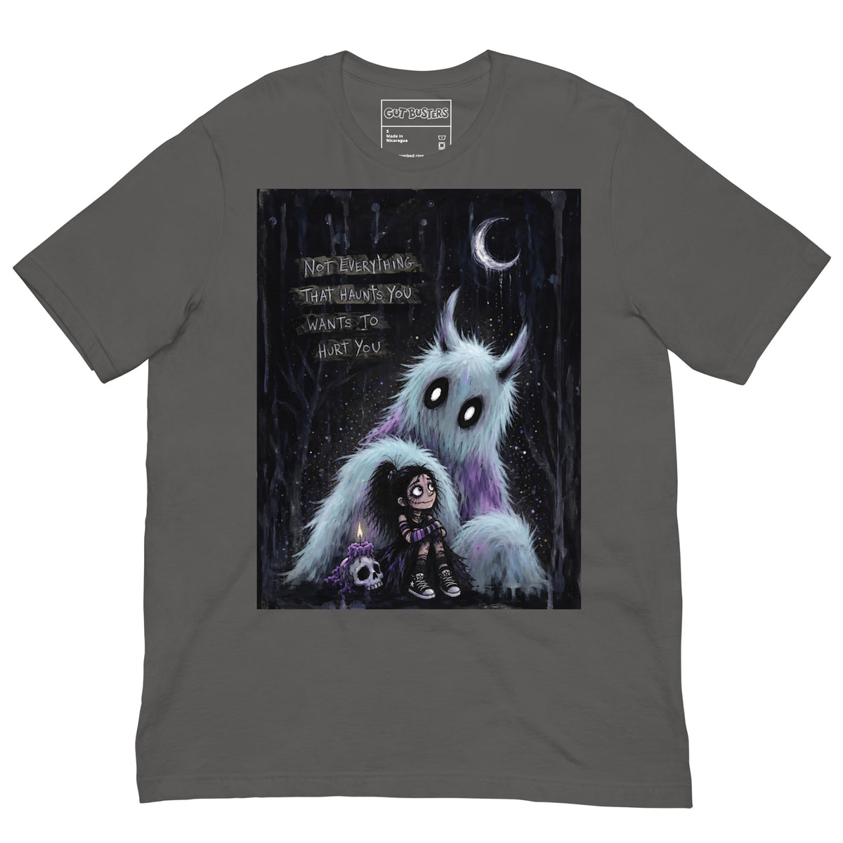 Asphalt unisex t-shirt with the 'The Haunted' goth graphic: a little goth girl holding a candle beside a fuzzy blue monster under a crescent moon, with the words "Not everything that haunts you wants to hurt you"