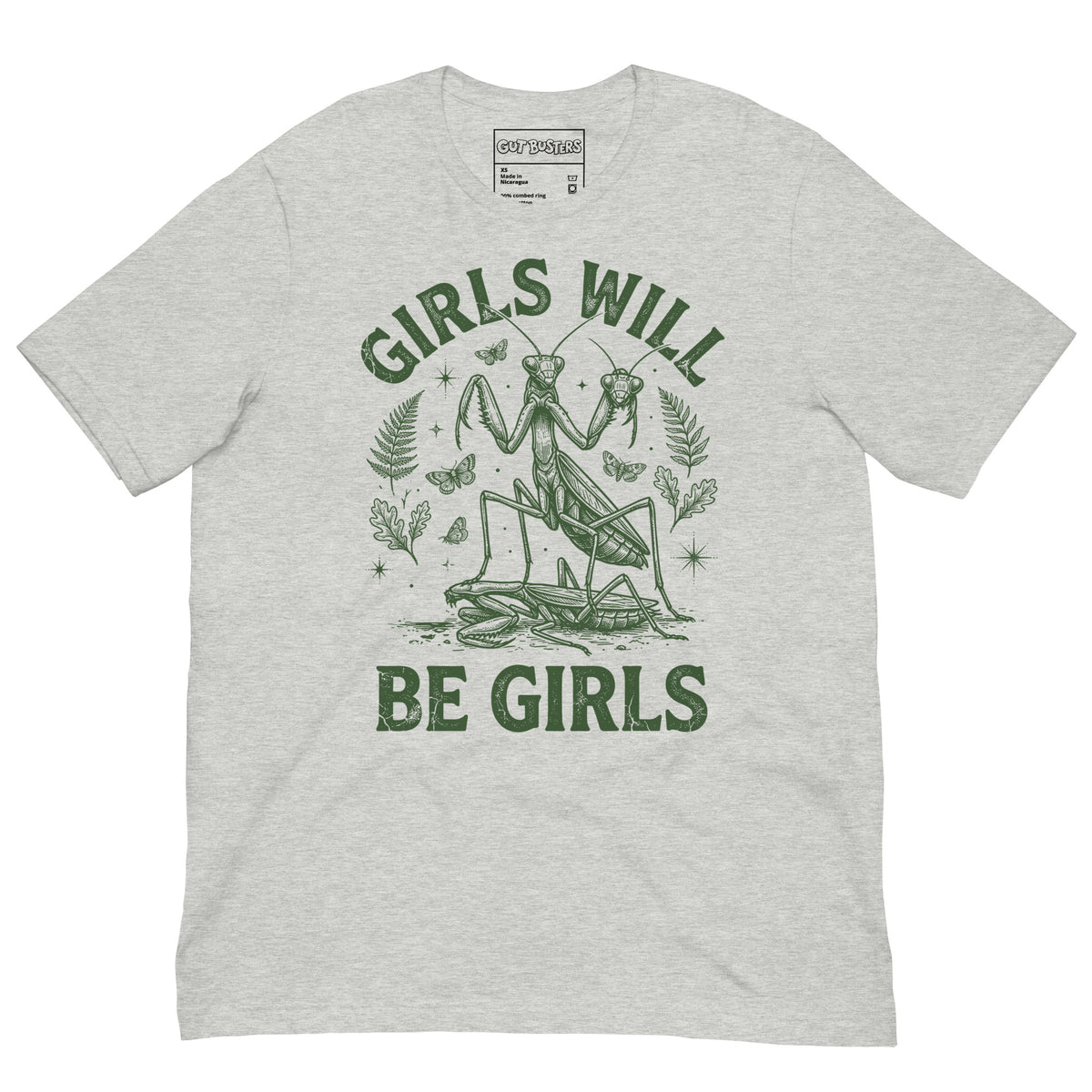 Funny "Girls Will Be Girls Praying Mantis" graphic printed on an athletic heather unisex tee, front view