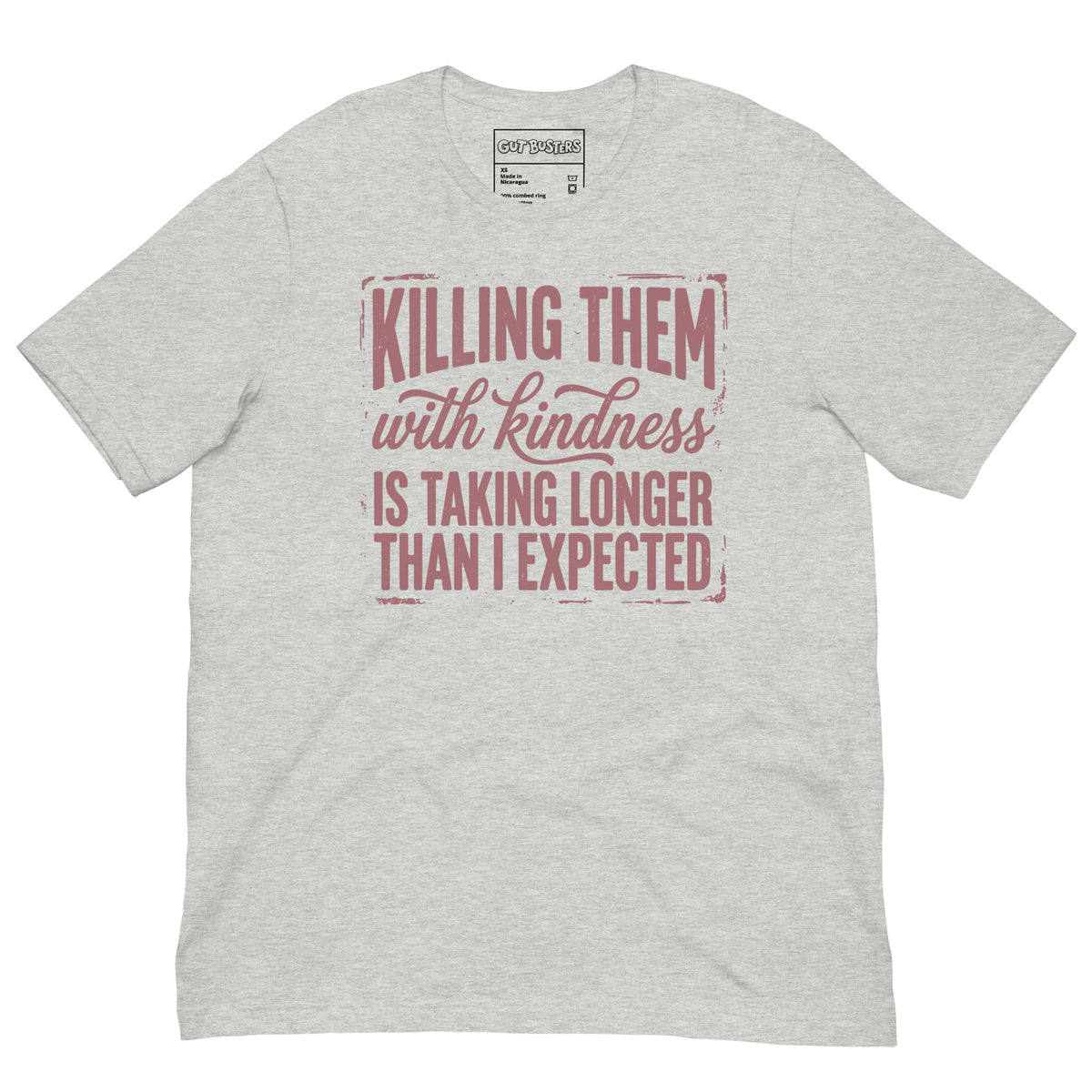 Funny "This Is Taking Way To Long" graphic printed on an athletic heather unisex tee, front view