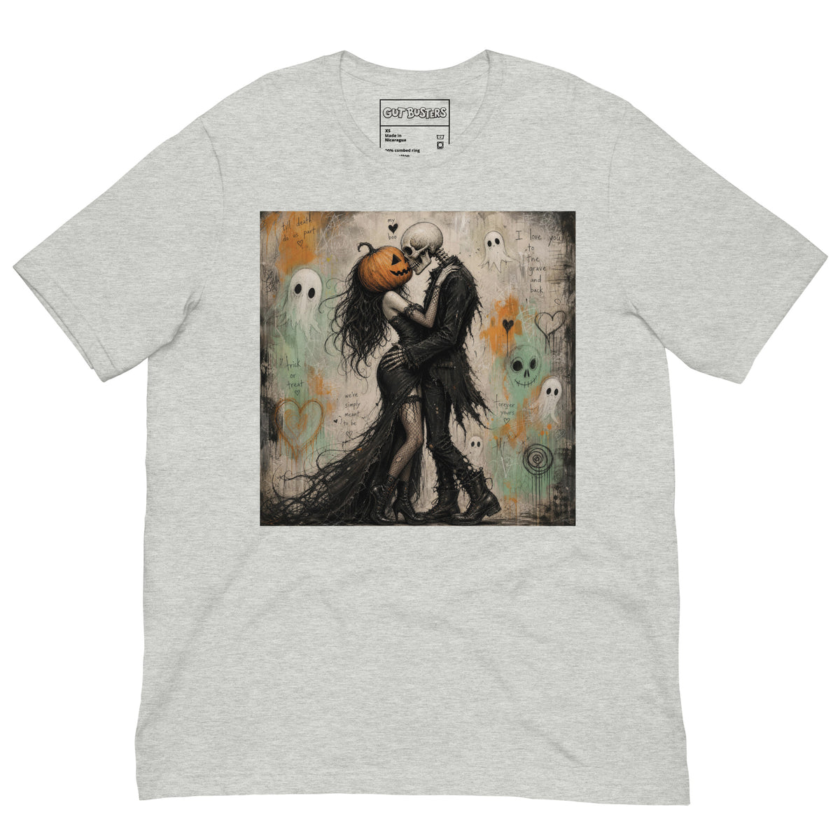 Athletic heather unisex t-shirt with the 'Everlasting Love' goth graphic: a pumpkin-headed skeleton embracing a woman in a flowing black dress, surrounded by ghosts