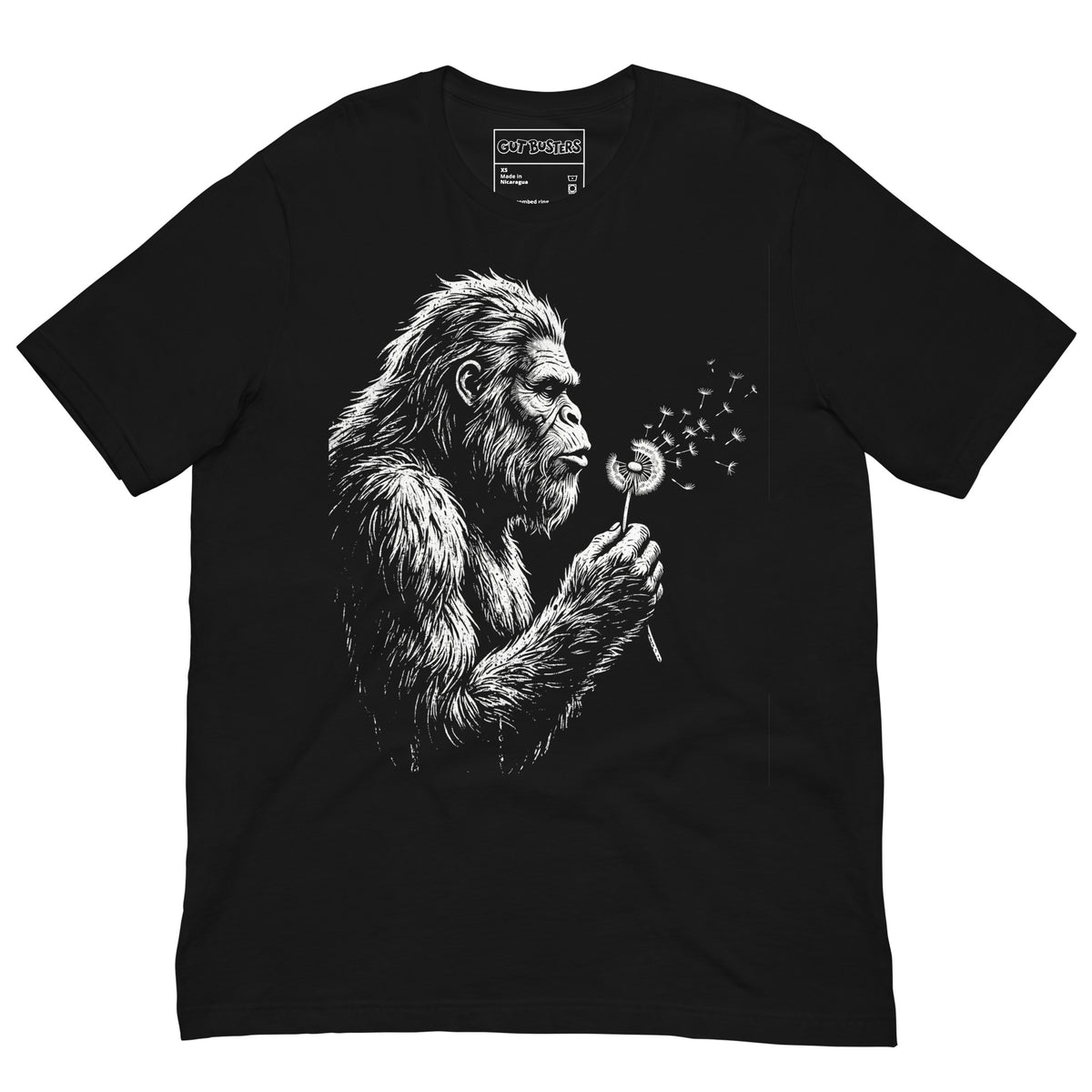 Funny "Bigfoots The Soft Giant" graphic printed on a black unisex tee, front view