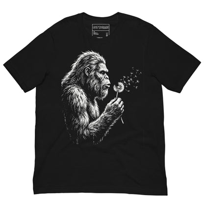 Funny "Bigfoots The Soft Giant" graphic printed on a black unisex tee, front view