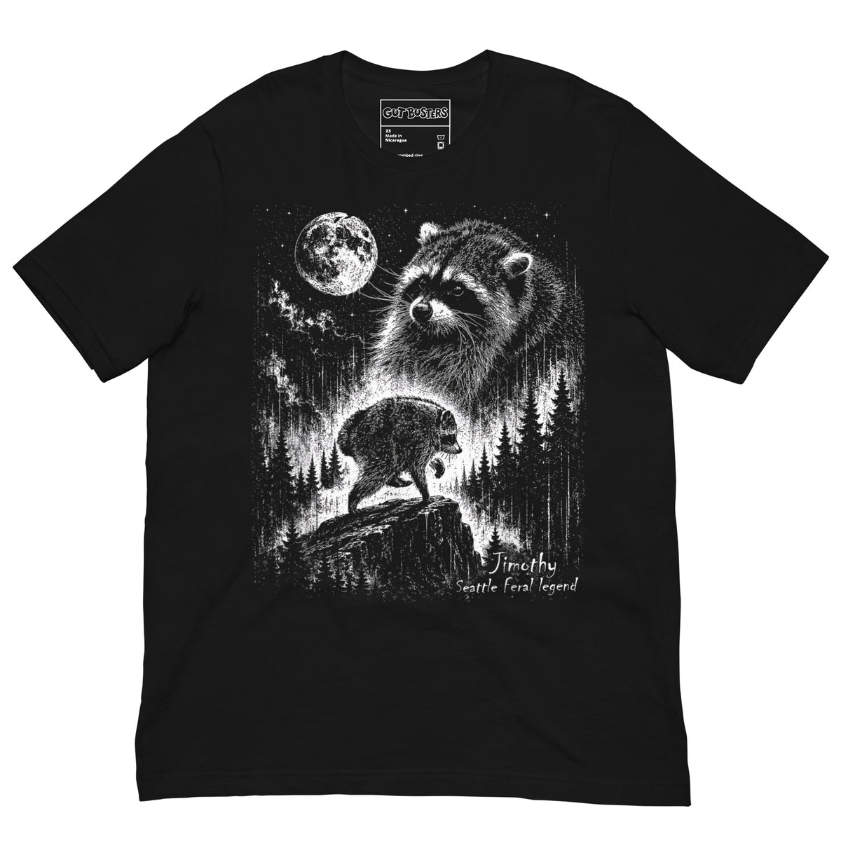 Funny "Jimothy The Raccoon Legend" graphic printed on a black unisex tee, front view