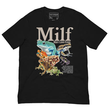 Funny "Milf: Man I Love Frog" graphic printed on a black unisex tee, front view