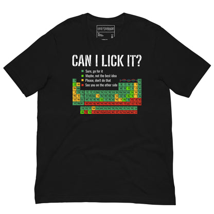 Funny "Can I Lick It? Chemistry 101" graphic printed on a black unisex tee, front view