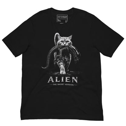 Funny "Aliens The Short Version: Space Cat" graphic printed on a black unisex tee, front view