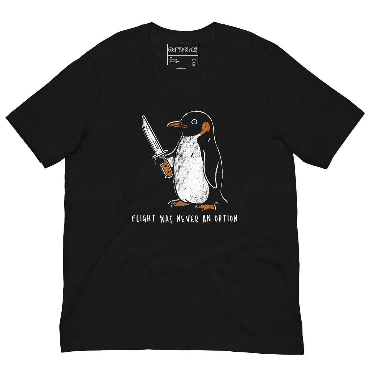 Funny "Flight Was Never An Option" graphic printed on a black unisex tee, front view