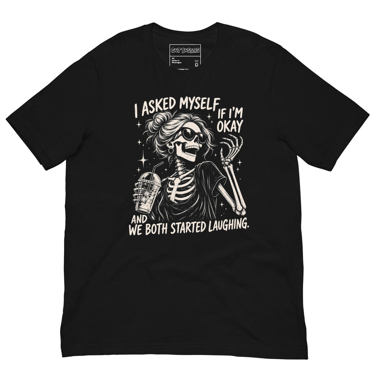Funny "Am I Ok Self" graphic printed on a black unisex tee, front view