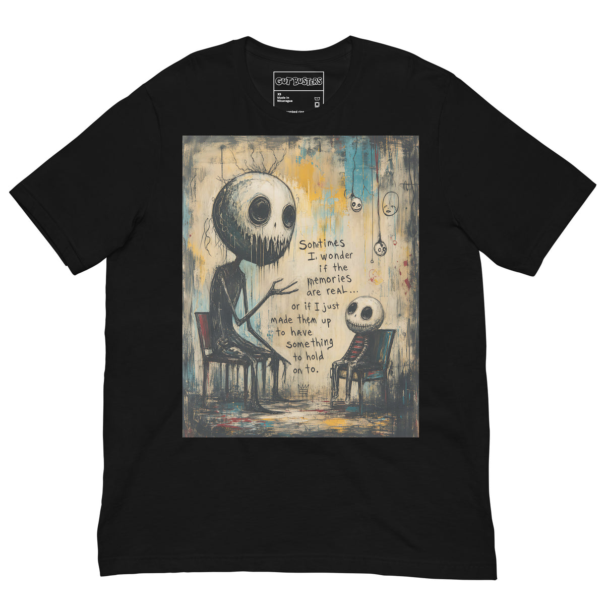 Black unisex t-shirt with the 'Memories' goth graphic: two skull-faced figures sitting in chairs, with the words "Sometimes I wonder if the memories are real"