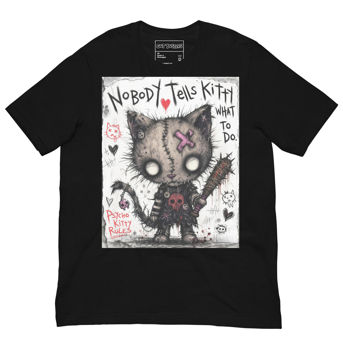 Black unisex t-shirt with the 'Kitty' goth graphic: a stitched zombie cat holding a spiked bat, with the words "Nobody tells Kitty what to do"