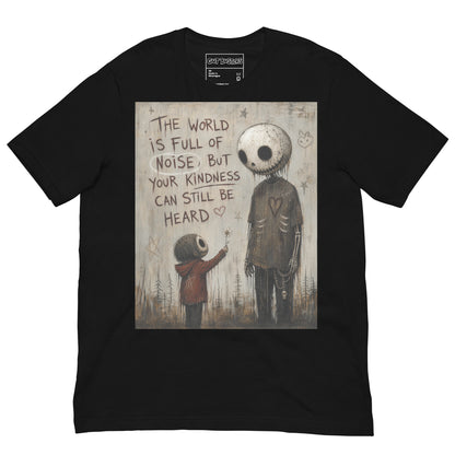 Black unisex t-shirt with the 'Stay Kind' goth graphic: a tall skull-faced figure and a small child holding a flower, with the words "The world is full of noise, but your kindness can still be heard"
