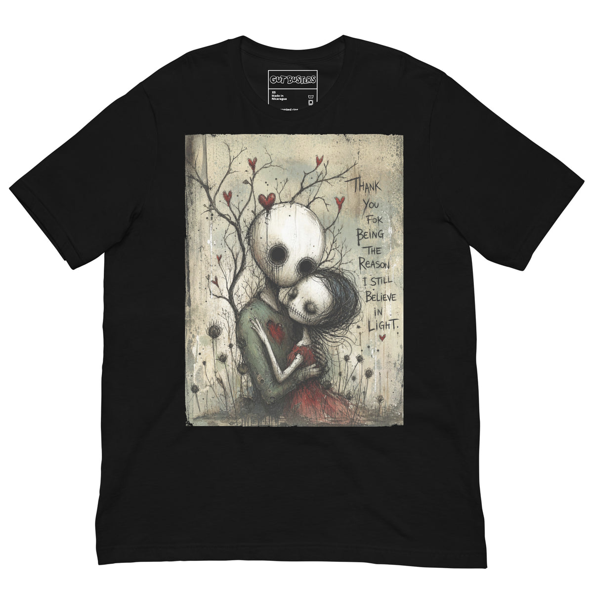 Black unisex t-shirt with the 'My Light In Dark Places' goth graphic: a skull-faced couple embracing under a bare tree with red hearts, with the words "Thank you for being the reason I still believe in light"