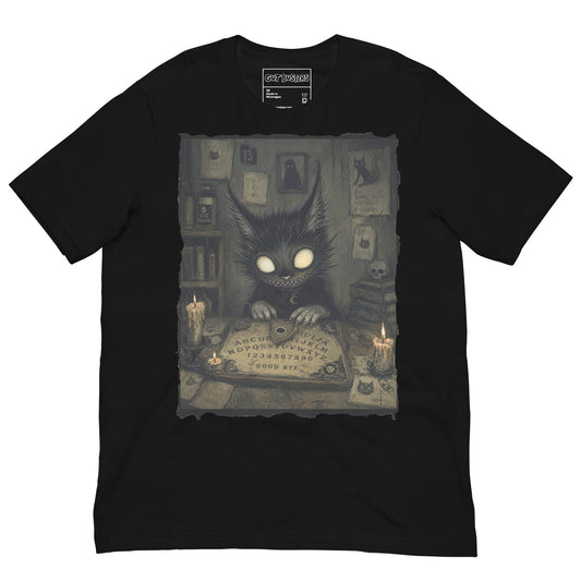 Black unisex t-shirt with the 'Free Readings' goth graphic: a wide-eyed black cat creature at a Ouija board surrounded by candles